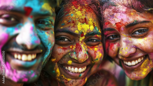 copy space  stockphoto high detailed photo  Group of smiling indian people portrait  colored smiling indian faces with vibrant colors during the celebration of the holi festival in India. Multi-color.