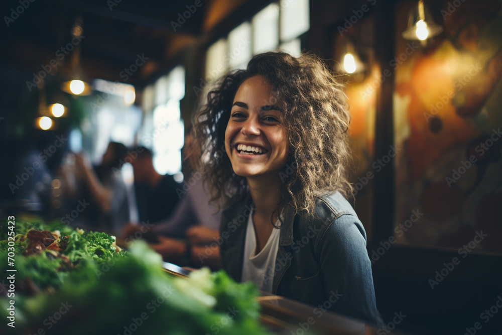 happy beautiful smiling woman girl lady eat healthy food fruit, vegetable, seeds, superfood, cereal, leaf vegetable. Detox and clean diet concept. High in vitamins, minerals and antioxidants. - obrazy, fototapety, plakaty 
