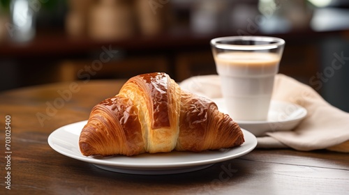  a croissant sitting on a plate next to a cup of coffee on a table with a napkin on it. photo