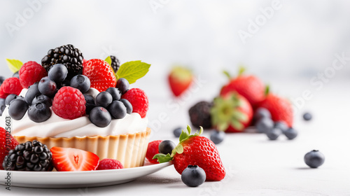 Fruit tart with whipped cream and fresh berries  raspberries  blueberries  blackberries and strawberries on the blurred white background. Copy space  banner format. Baking concept.