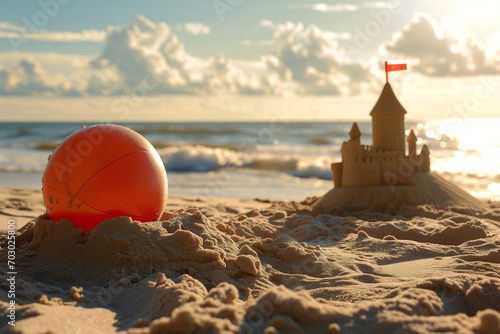 Beach ball lies on the sand next to a sand castle