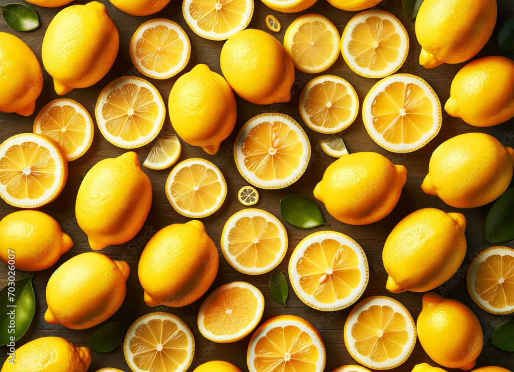 A top view of a lemon fruit pattern, creating a vivid and colorful food background.