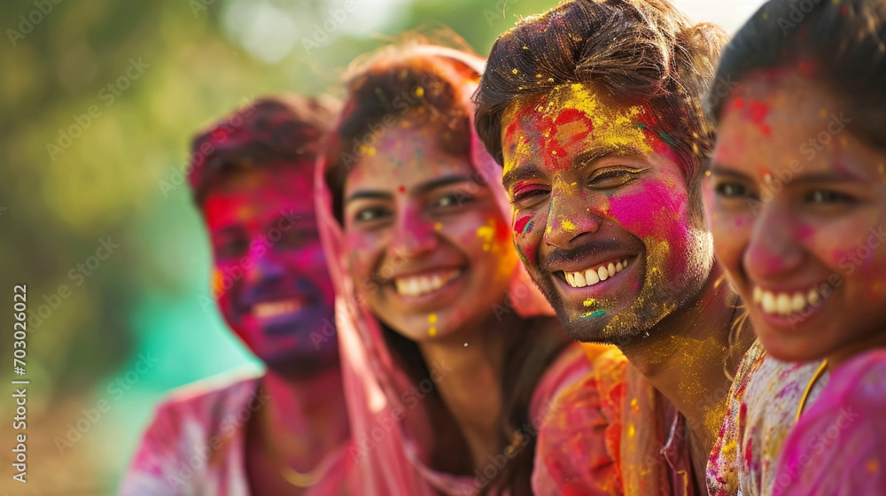 copy space, stockphoto, candid photo of a Group of smiling indian man and woman portrait, colored smiling indian faces with vibrant colors during the celebration of the holi festival in India. Group o copy space, stockphoto, candid photo of a Group of smiling indian man and woman portrait, colored smiling indian faces with vibrant colors during the celebration of the holi festival in India. Group o