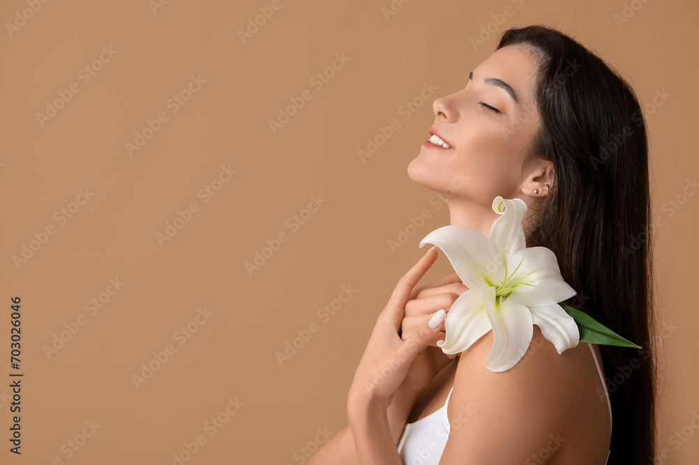 Beautiful young woman with lily flower on color background, closeup Beautiful young woman with lily flower on color background, closeup