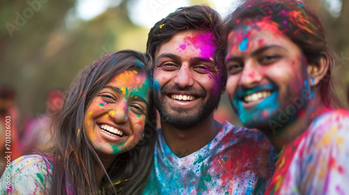 copy space, stockphoto, candid photo of a Group of smiling indian man and woman portrait, colored smiling indian faces with vibrant colors during the celebration of the holi festival in India. Group o