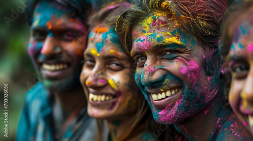 copy space, stockphoto, candid photo of a Group of smiling indian man and woman portrait, colored smiling indian faces with vibrant colors during the celebration of the holi festival in India. Group o photo