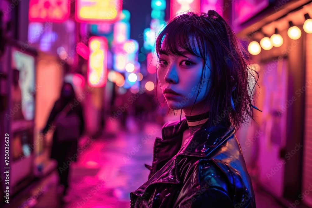 Model in a futuristic cyberpunk outfit in a neon-lit urban Tokyo street. Model in a futuristic cyberpunk outfit in a neon-lit urban Tokyo street.