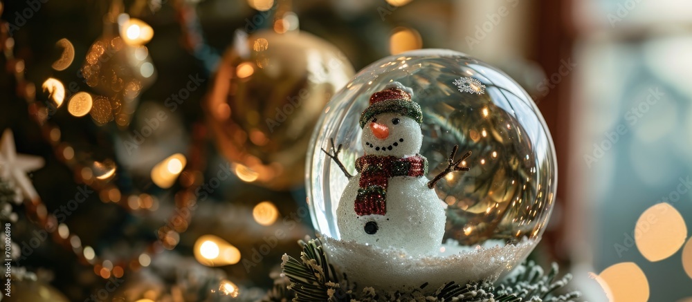 Christmas tree with glass snowman snow globe decor.
