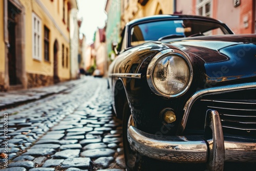 Vintage classic car on a historic cobblestone street in a European city