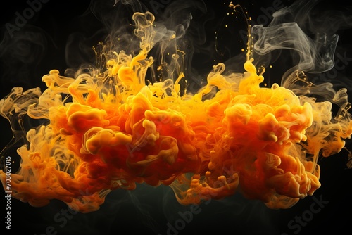 A powerful and bright explosion of yellow smoke in a dark environment. Feeling of chaos and destruction, Concept: in danger and chemical disasters.