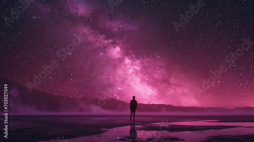 Pink space scape. Small silhouette of a human on the galaxy background of the starry sky. Concept of infinity of the universe.