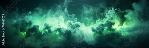 Thin abstract streams of green smoke on a black background, lightness and smoothness of movement photo