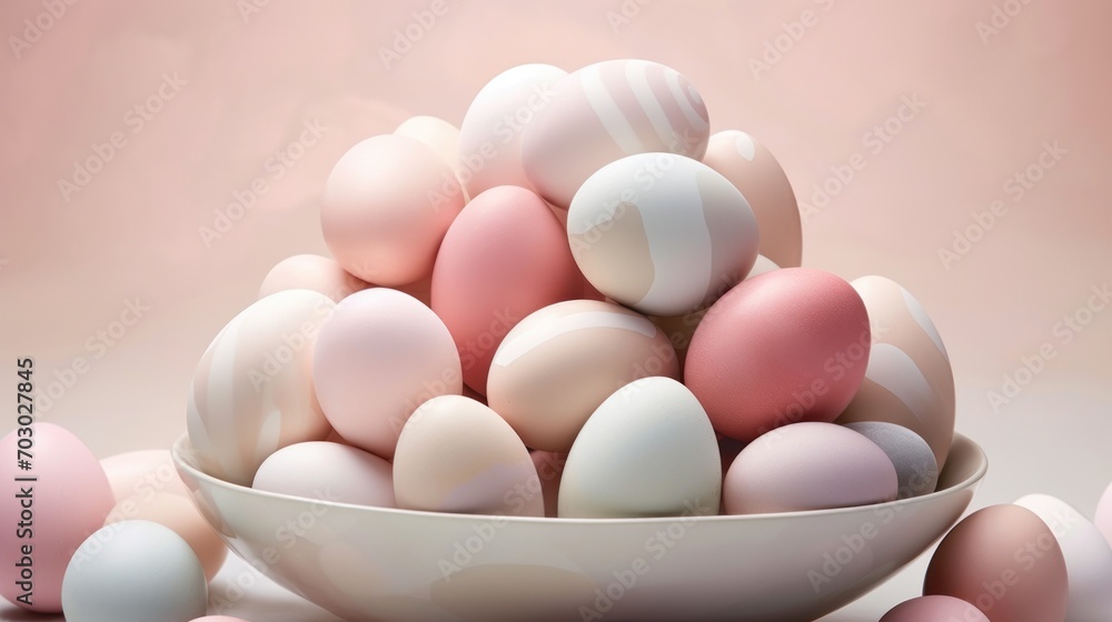  a bowl filled with pink and white eggs on top of a white table next to other pink and white eggs.
