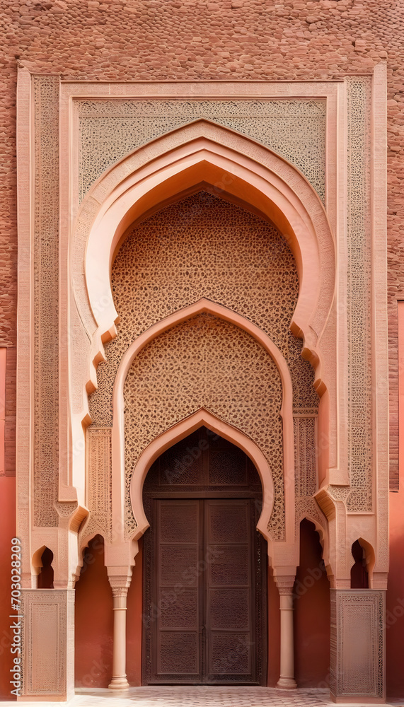 Detail of Islamic Mosque. It is an old architectural building in the middle of the Moroccan city. There are red bricks.