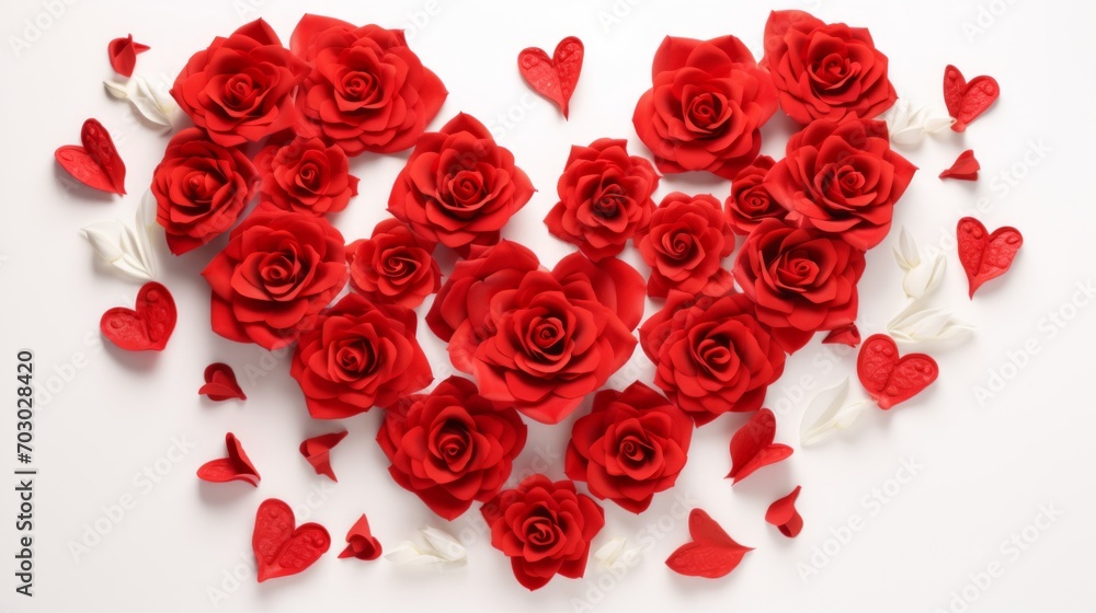 Floral Heart. Red roses arranged in heart shape on white background. Ideal for Valentines Day, anniversaries, or romantic occasions.