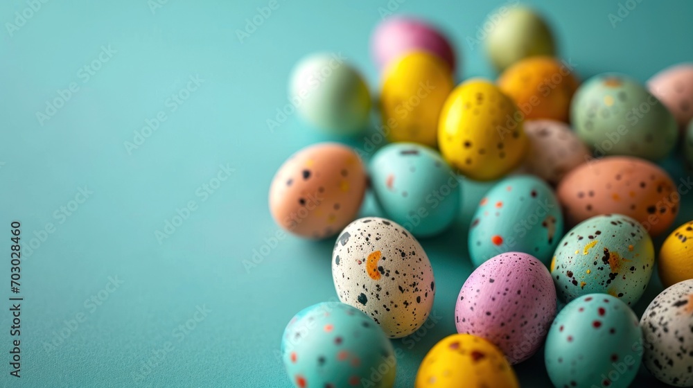 Colorful painted Easter Eggs with various patterns on blue teal Background. Banner with copy space. Ideal for Easter promotions, spring events, holiday greetings, advertisements, festive content.