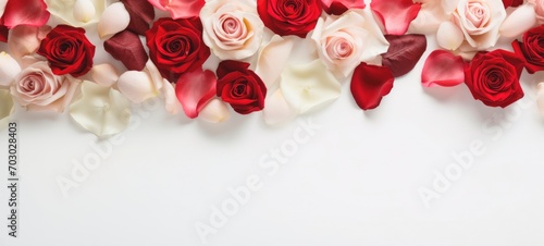 Roses in red and white hues with petals  creating a decorative border on a clean  white background. Banner with copy space. Ideal for Valentines Day  anniversaries  or romantic occasions.