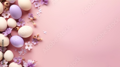 Frame background with Easter painted Eggs with flowers on light pink peach background. Banner with copy space. Ideal for Easter promotion, spring event, holiday greeting, advertisement