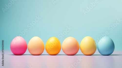 Easter painted colorful eggs in row on light blue green gradient background. Banner with copy space. Ideal for Easter promotions, spring events, holiday greetings, advertisements, festive content.