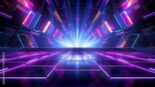 Vibrant and colorful stage with bright lights and a futuristic design. Concert stage with neon lights and a dazzling display. Modern Night Club. Futuristic Dance Floor. Purple blue colors