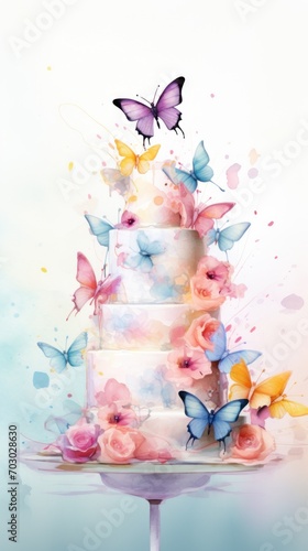 Decorated cake with colorful splashes, flowers and butterflies. Watercolor illustration. Perfect for celebrations or bakery advertisements. Vertical format