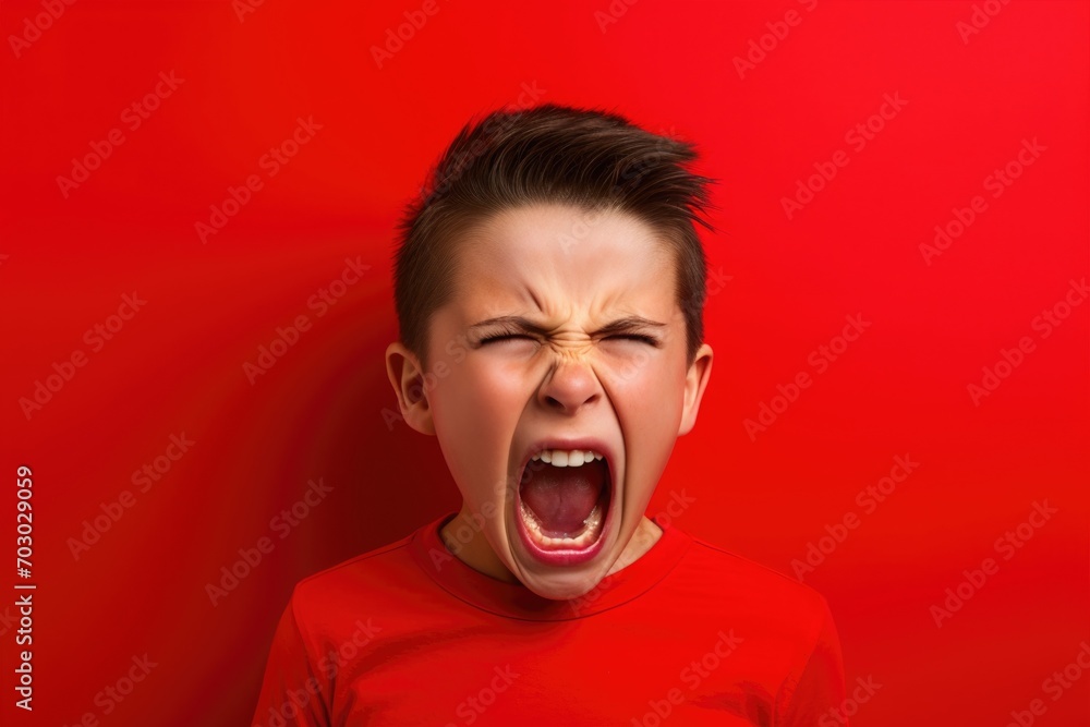 Upset boy in yellow t shirt screaming and crying with opened mouth and closed eyes against Upset boy in yellow t shirt screaming and crying with opened mouth and closed eyes against