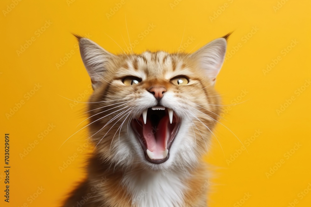Upset cat, kitten screaming and crying with opened mouth. fluffy home pet is angry and swears on a yellow, orange background.