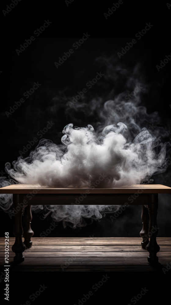 Mystical Display  Black Background with an Empty Wooden Table and Rising Smoke, Ideal for Product Showcases