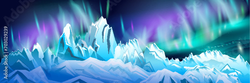 Landscape with Northern lights and snowy mountains