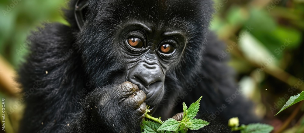 Young gorilla in Rwanda eating and making eye contact with the camera. Young gorilla in Rwanda eating and making eye contact with the camera.