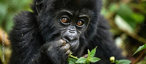 Young gorilla in Rwanda eating and making eye contact with the camera.