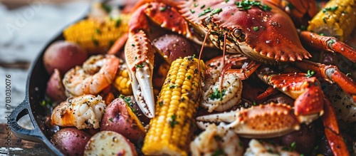 Southern garlic crab seafood boil with Alaskan crab legs, new potatoes, corn, and shrimp platter. photo