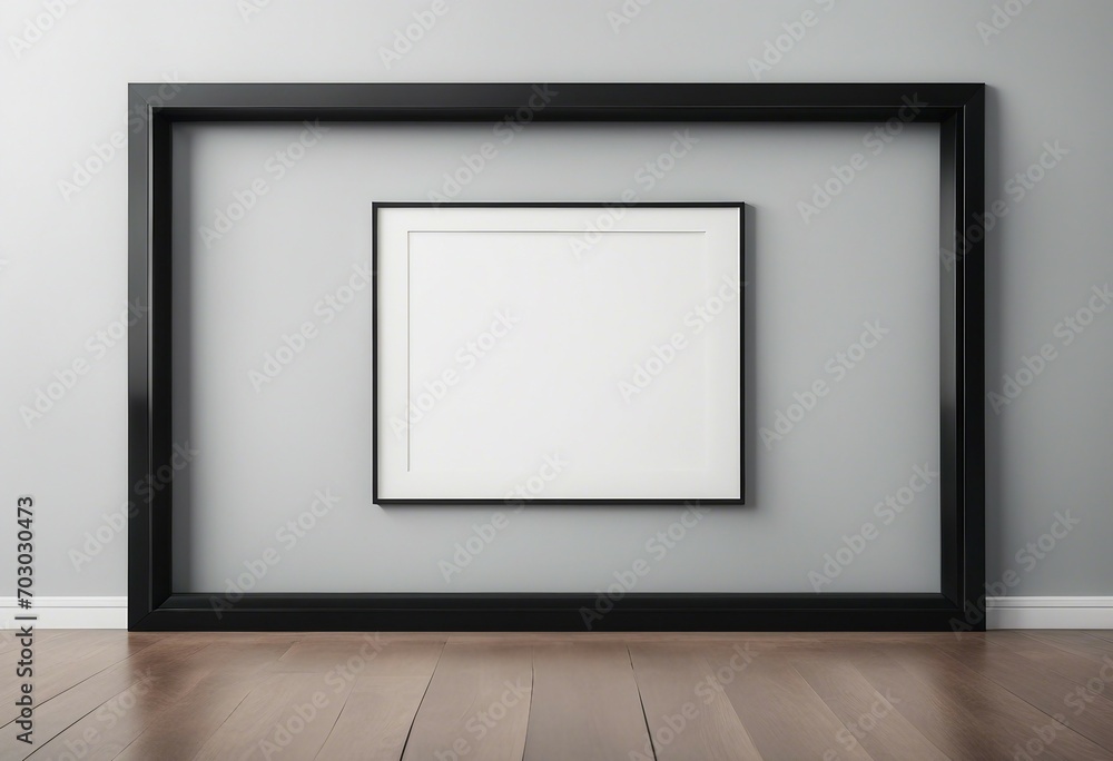 Blank black over size horizontal picture frame with smaller artwork frame inside on a grey wall in a gallery or room close up Blank black over size horizontal picture frame with smaller artwork frame inside on a grey wall in a gallery or room close up