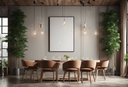 Image frame mockup in modern interior space with green plants 3D render illustration
