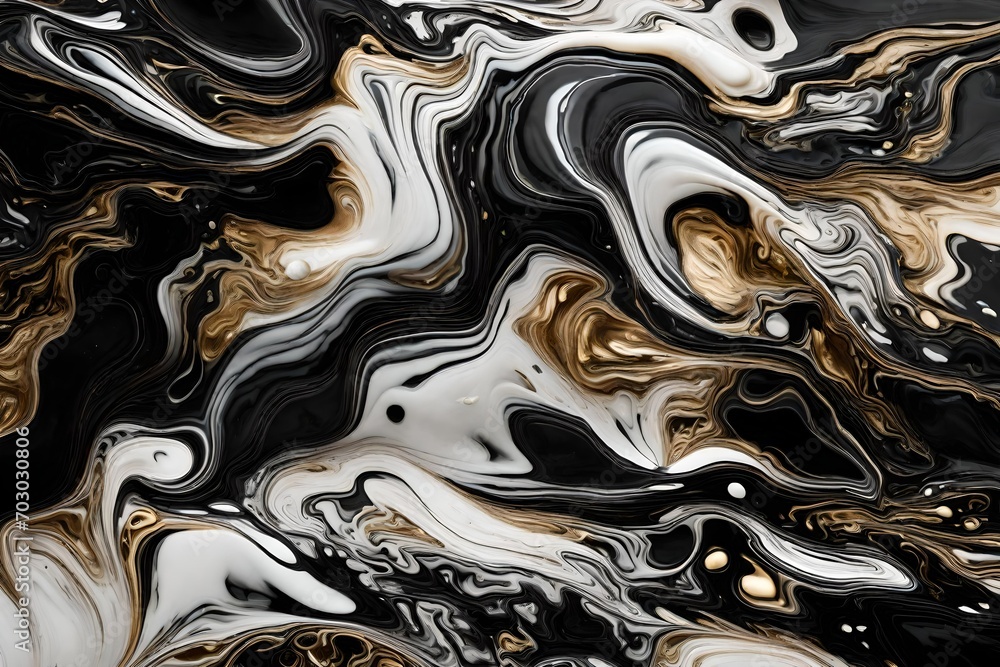 An abstract liquid white and black swirl with golden accents