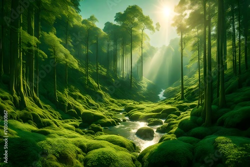 A greenand white world with golden rays piercing through the abstract landscape. photo