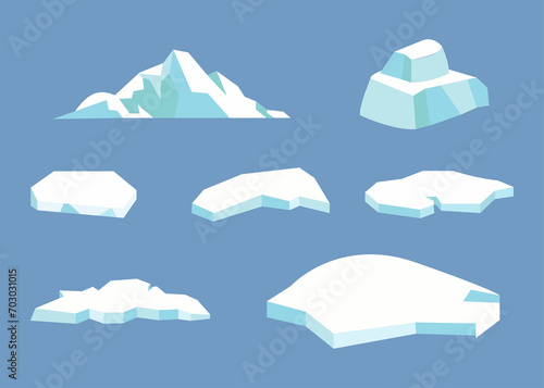 Cartoon iceberg icon in a flat design. Antarctic floating glacier pieces, frozen ice blocks. Blue ice crystal in cartoon style. Glaciers, icebergs, ice mountains in a flat design 