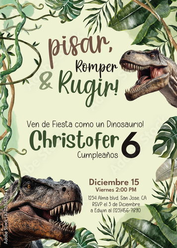 ¡Pisa fuerte, mastica y ruge! ¡Invitación de cumpleaños editable con temática de dinosaurio T-rex! photo