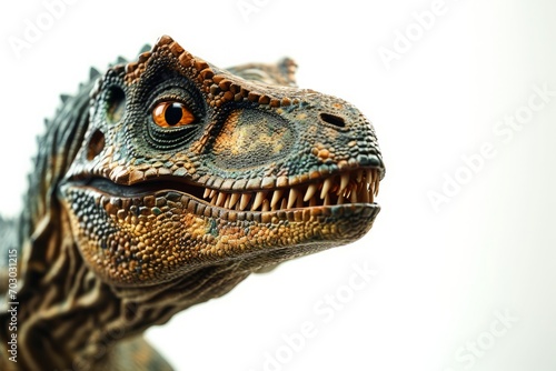 Realistic dinosaur model head  close-up with detailed skin texture  symbolizing prehistoric times and paleontology.  