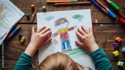 A photo of a cute boy character drawing white paper by a little child using crayons on a wooden table