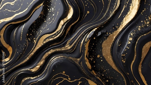 The image depicts a luxurious abstract marbling pattern with flowing black and gold swirls, accented with hints of pink, creating a sense of opulent movement.