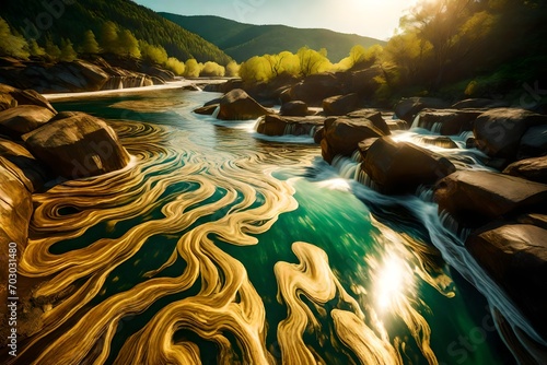 A golden river flowing through an abstract landscape of liquid green and white. 