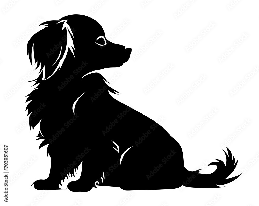 An isolated black silhouette of a cute dog.