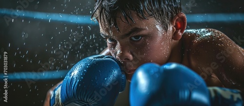 Boy boxing with blue gloves defensively on the ring. © TheWaterMeloonProjec