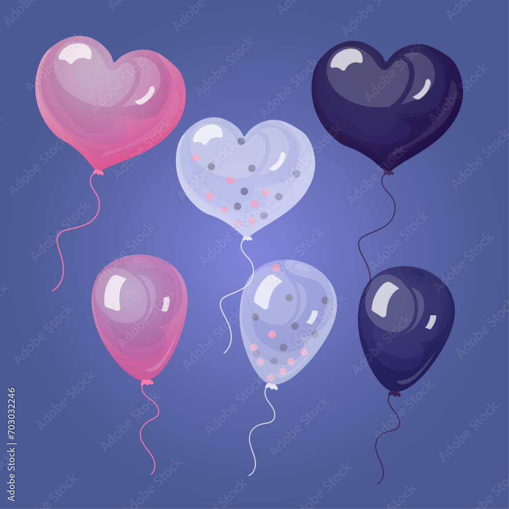 Flat vector balloons in the shape of heart in different colors. 