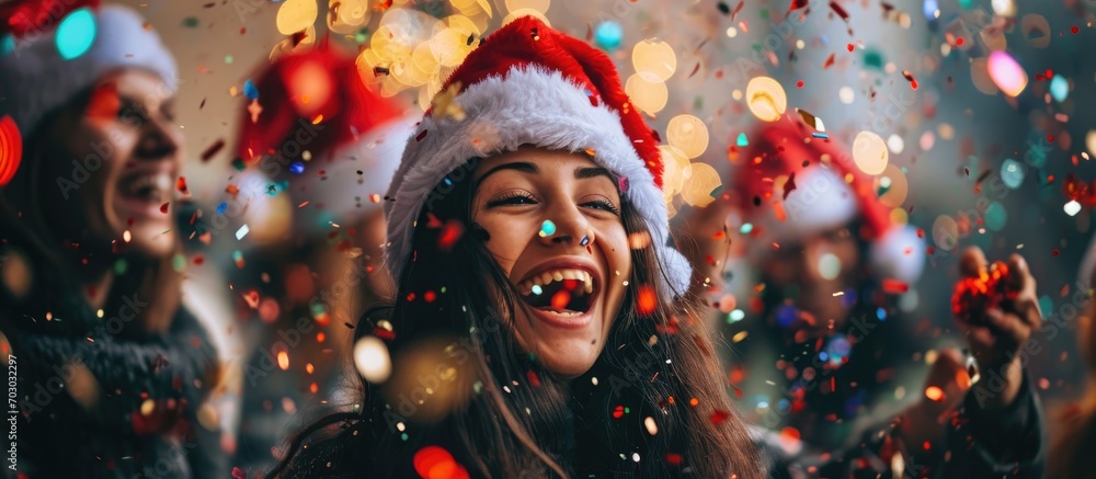 Young, joyful individuals wearing Santa hats enthusiastically celebrate Christmas with vibrant confetti.
