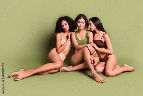 Studio full length photo of dreamy ladies dressed lingerie accepting stretch marks skin empty space isolated pastel green color background