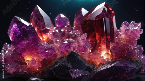 Red rhodolite crystal, glowing, sparkling drusy crystals. photo