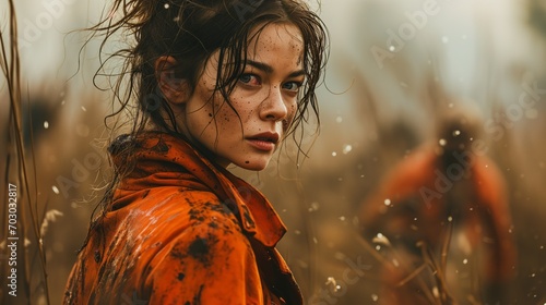 A woman in orange coat in a grainfield looking directly at the camera with dirt on her face