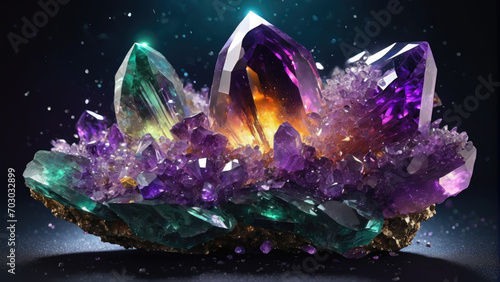 Violet prasiolite amethyst crystal, glowing, druzy crystals glittering. photo